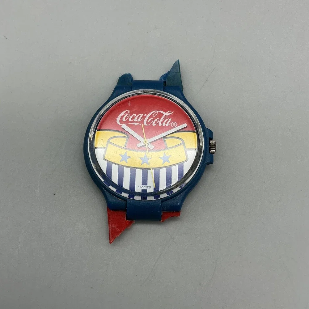 Vintage Swatch Coca-Cola Mens Watch 34mm 1990's Swiss Blue BROKEN BAND